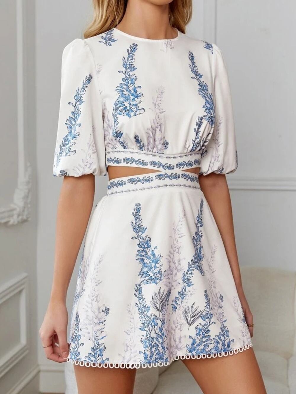 Shein White Plants Print Cut Out Tie Back Lantern Sleeve Boho A Line Dress Sz S